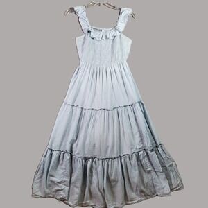 Old Navy Maxi Dress Womens M Blue Striped Smocked Tiered Ruffle Cottage Milkmaid